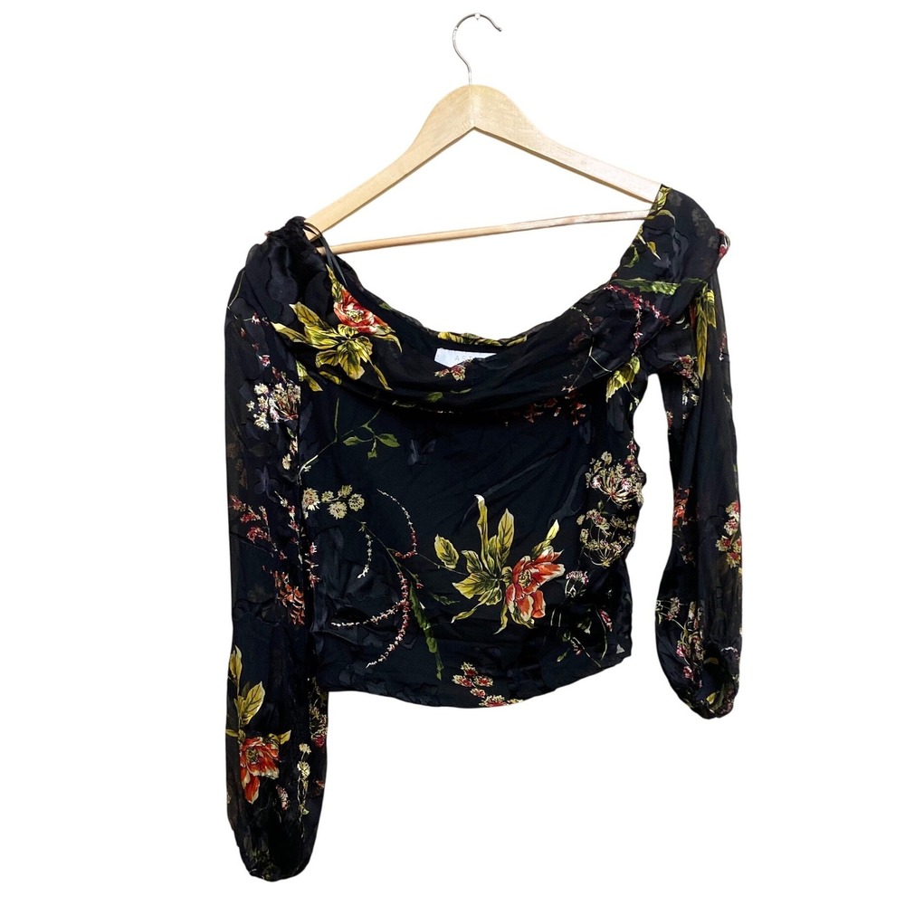 ASTR The Label Floral Off The Shoulder Blouse Black Sheer Long Sleeve Top Size L